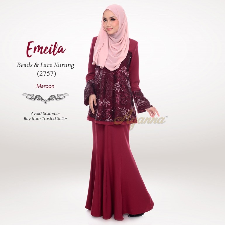 Emeila Beads & Lace Kurung 2757 (Maroon)