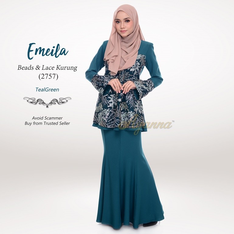 Emeila Beads & Lace Kurung 2757 (TealGreen)