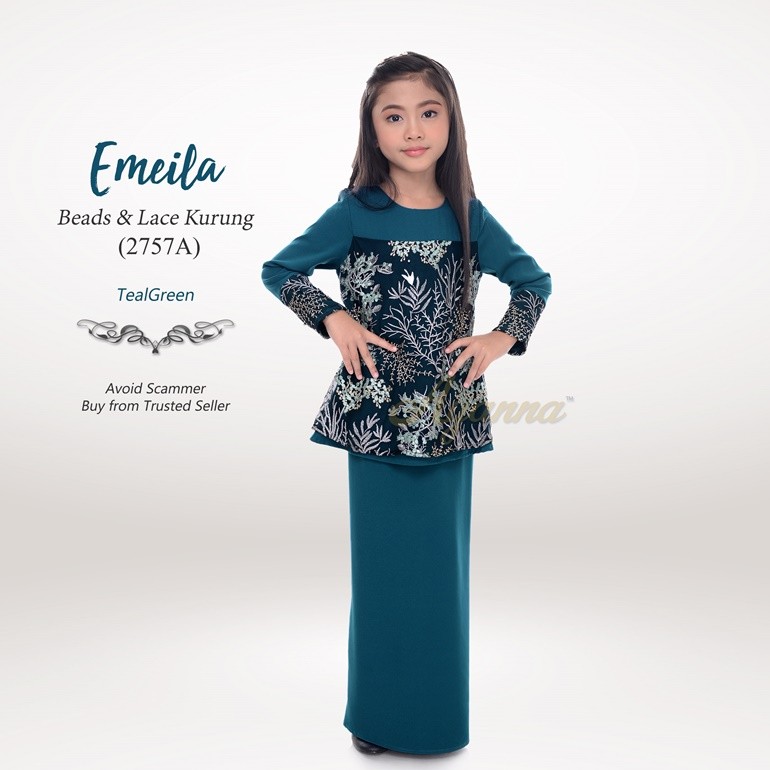 Emeila Beads & Lace Kurung 2757A (TealGreen)