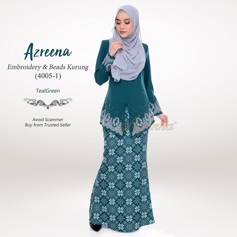 Azreena Embroidery & Beads Kurung 4005-1 (TealGreen)