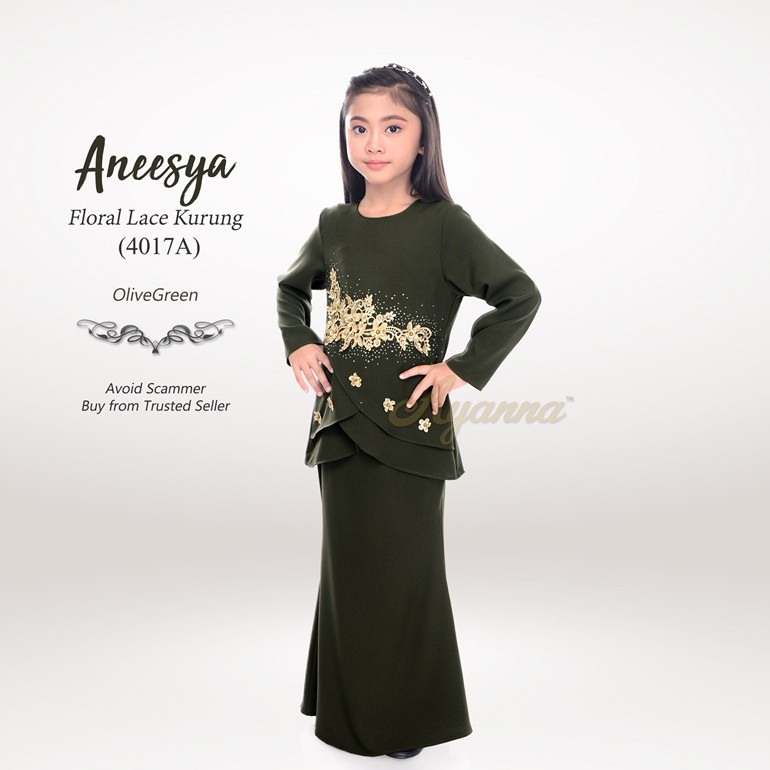 Aneesya Floral Lace Kurung 4017A (OliveGreen)