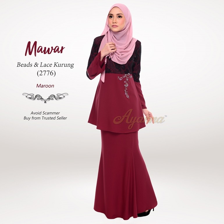 Mawar Beads & Lace Kurung 2776 (Maroon)