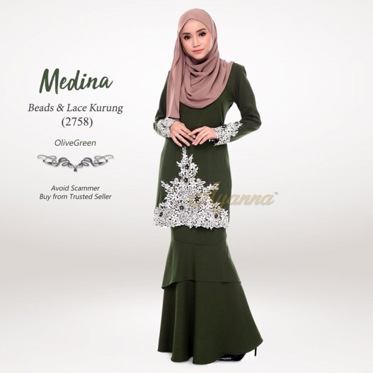 Medina Beads & Lace Kurung 2758 (OliveGreen) 