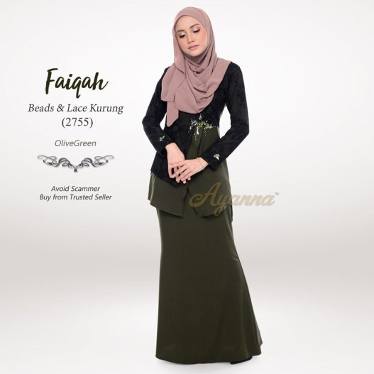 Faiqah Beads & Lace Kurung 2755 (OliveGreen) 