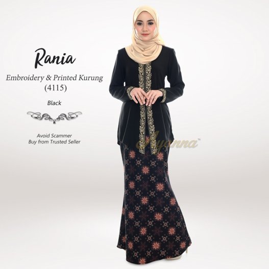 Rania Embroidery & Printed Kurung 4115 (Black) 