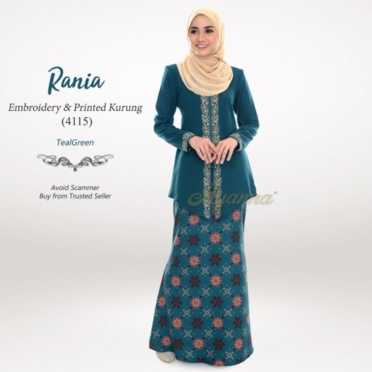 Rania Embroidery & Printed Kurung 4115 (TealGreen) 