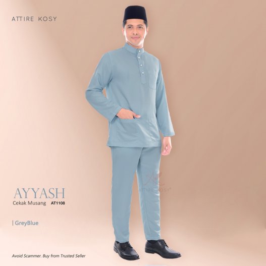 Ayyash Baju Melayu Cekak Musang AT1108  (GreyBlue) 